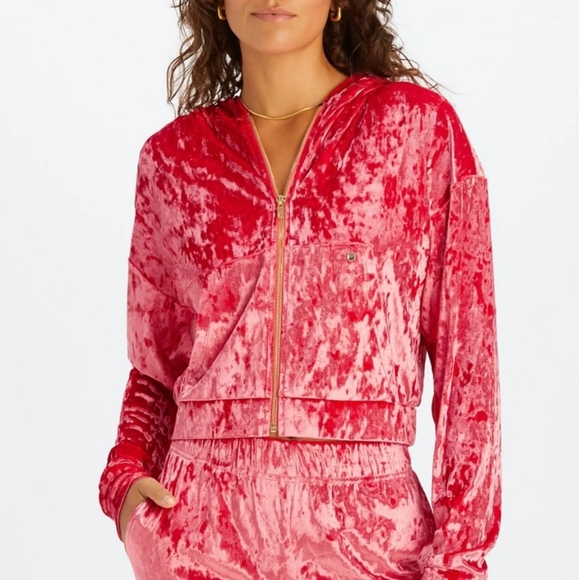 Fabletics Crushed Velour Zip Up Hoodie Strawberry Red - Small - Picture 2 of 8